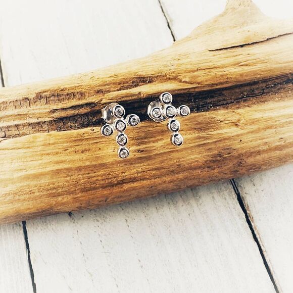CZ Cross Sterling Silver Earrings - Picture 1 of 7